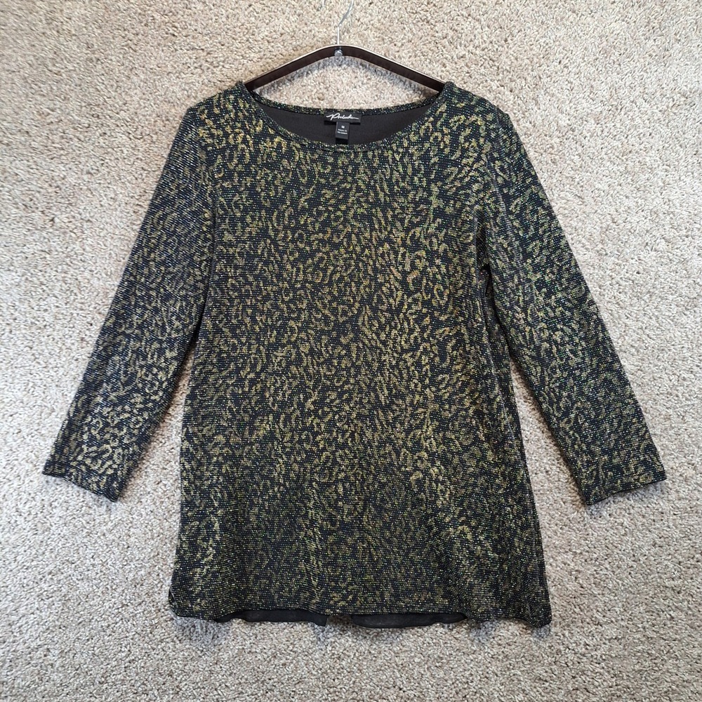 Prelude Top Women M Black Metallic Animal Print Long Sleeve Split Back Nightout